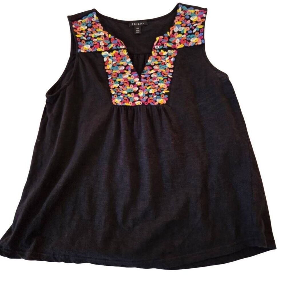 TRIBAL Womens Multi-Color Embroidered Sleeveless Babydoll Top Black Size Medium